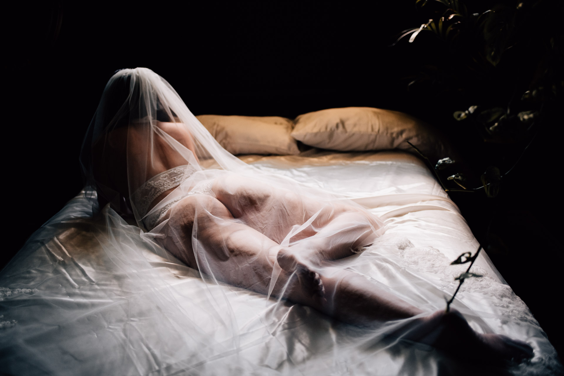 veil laying over a bride for boudoir album